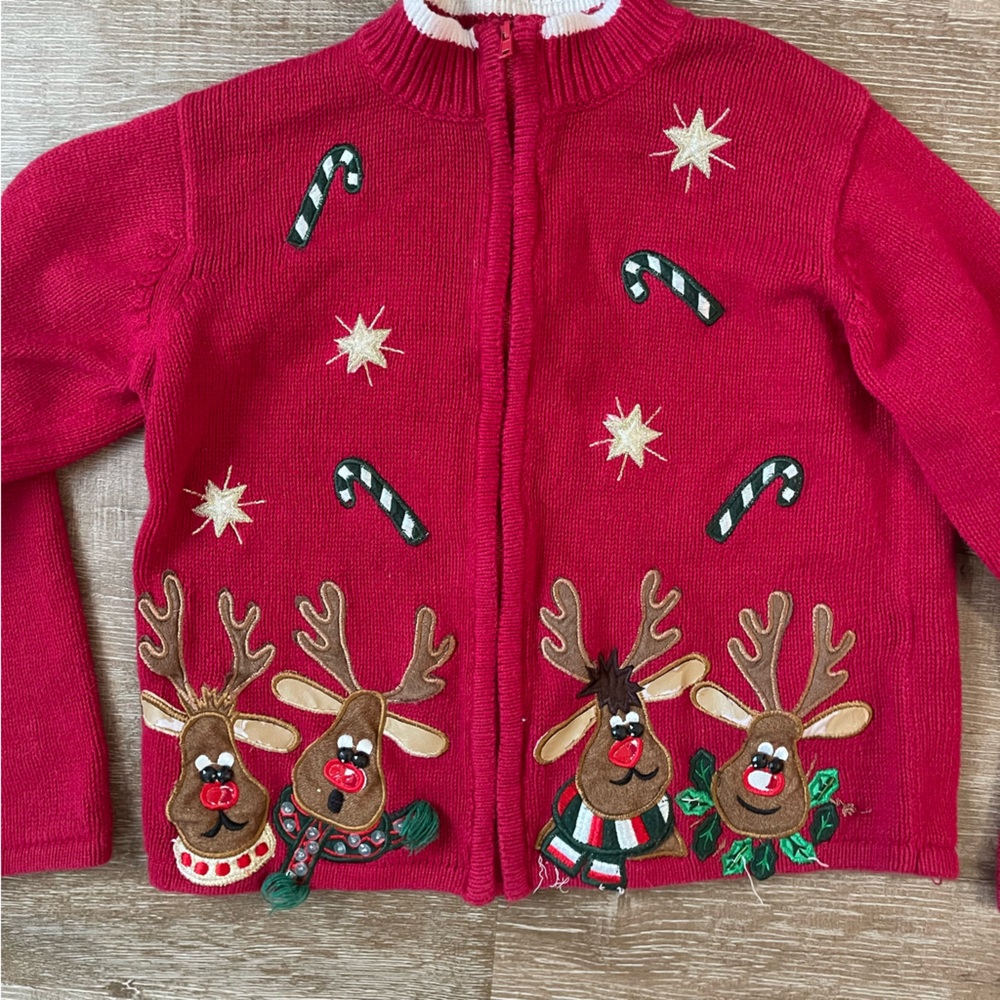 Kids Red Reindeer Holiday Full zip Sweater size M 8/10 - Picture 7 of 7